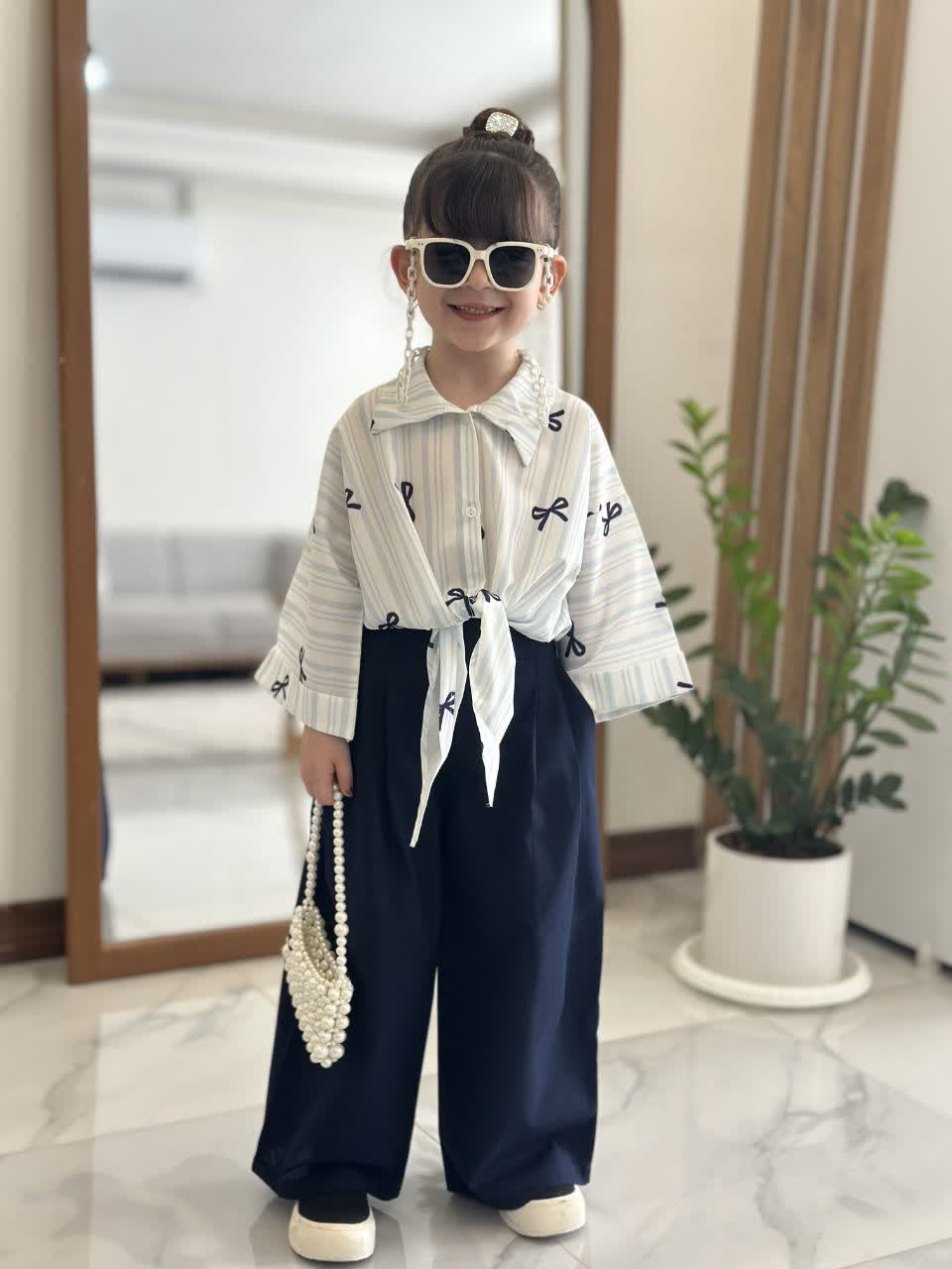 ست دخترانه تابستانی شومیز گره ای شلوار بگ نوجوان تینیجری